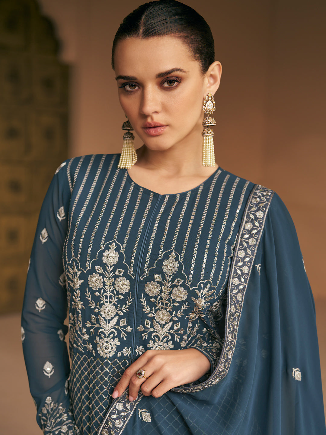 Embroidered Georgette Free Size Salwar Kameez in Light Blue Color-71023