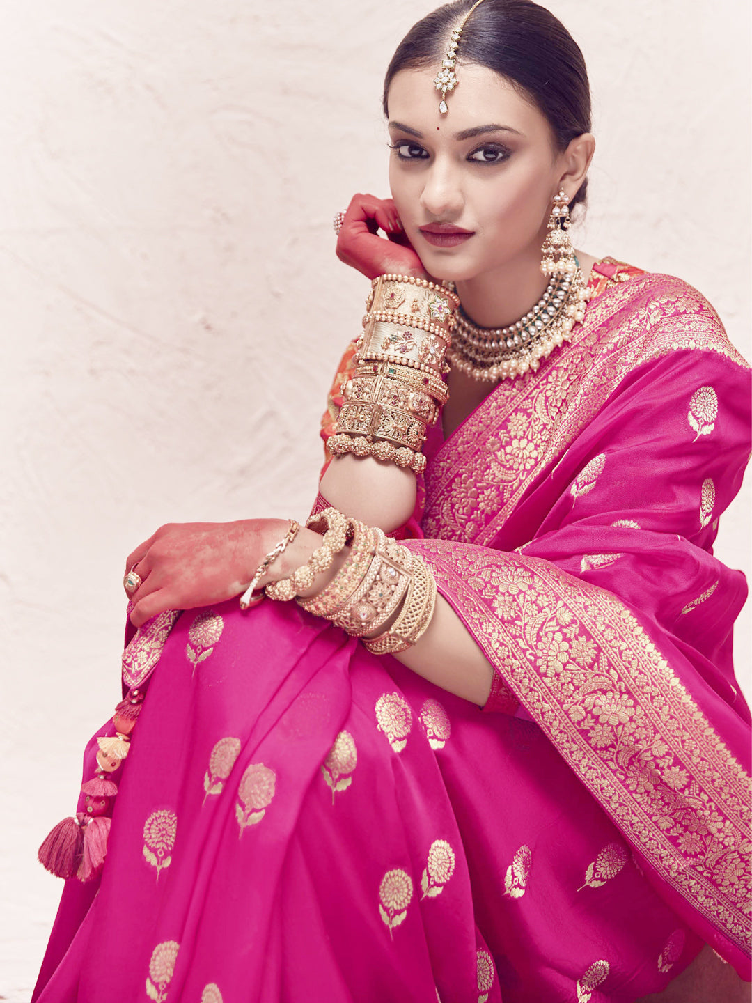 Heavy Viewing Designer Pure Crepe Dola Silk Bridal Traditional Saree In Pink-81373