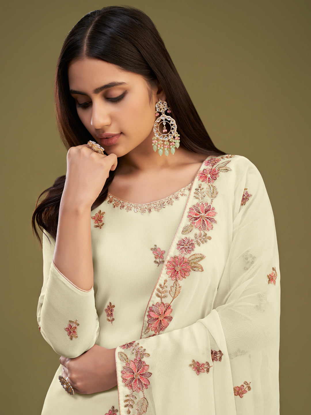 Thread Embroidered Georgette with Dull Santoon Inner Salwar Kameez in off White Color-81751