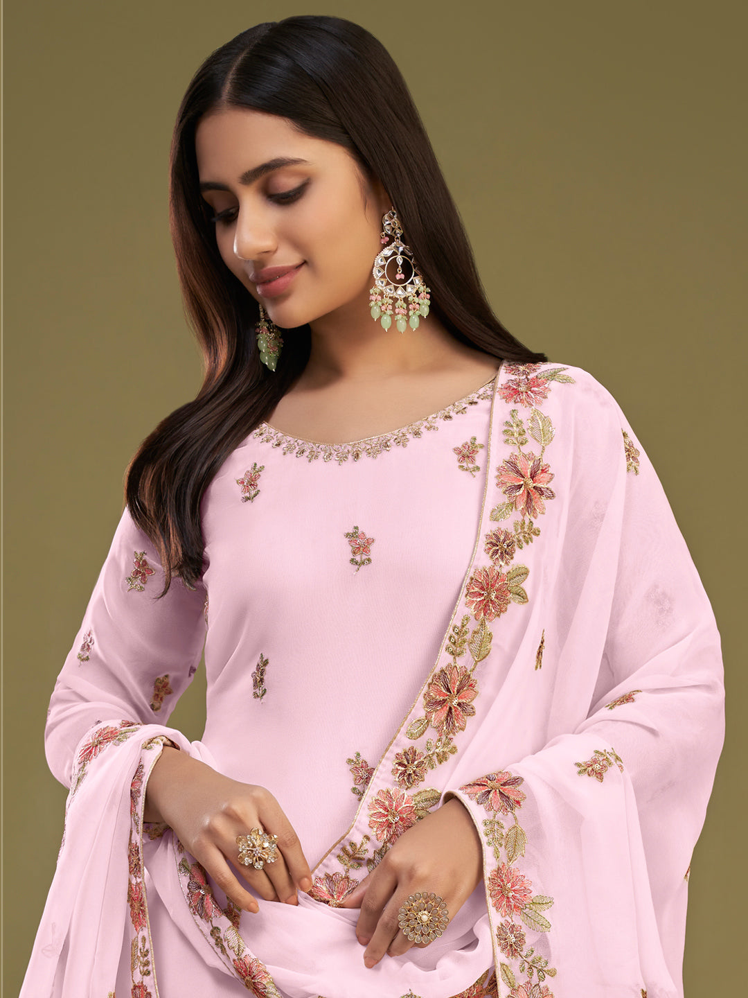 Thread Embroidered Georgette with Dull Santoon Inner Salwar Kameez in Pink Color-81753