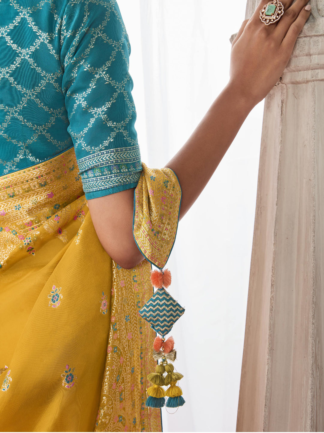 Embroidered Minakari Pallu Silk Traditional Partywear Saree In Yellow Color-81799