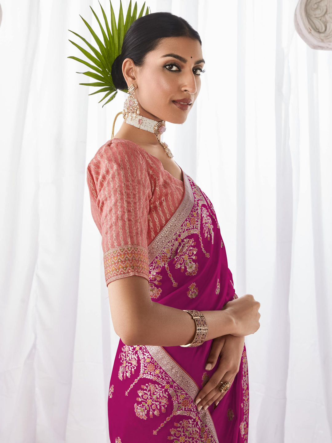 Embroidered Minakari Pallu Silk Traditional Partywear Saree In Pink Color-81800