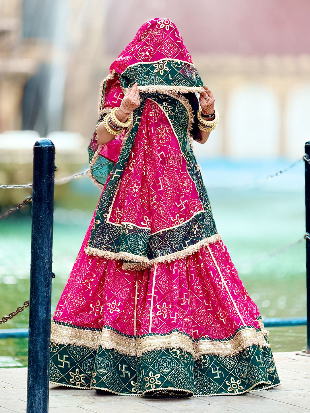 Designer Gorgette 13 meter full Gher Premium quality Stitched Rajasthani Lehenga Choli in red and Green color-91347