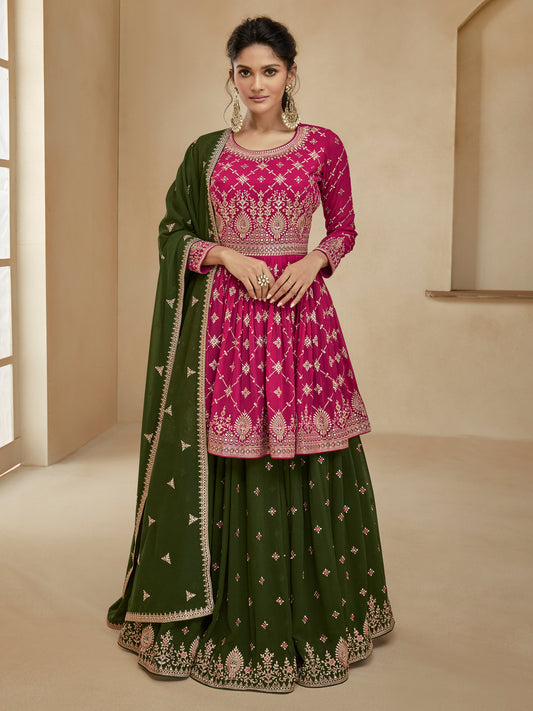 Embroidered Georgette Free Size Sharara style Salwar Kameez in Pink Color-71045