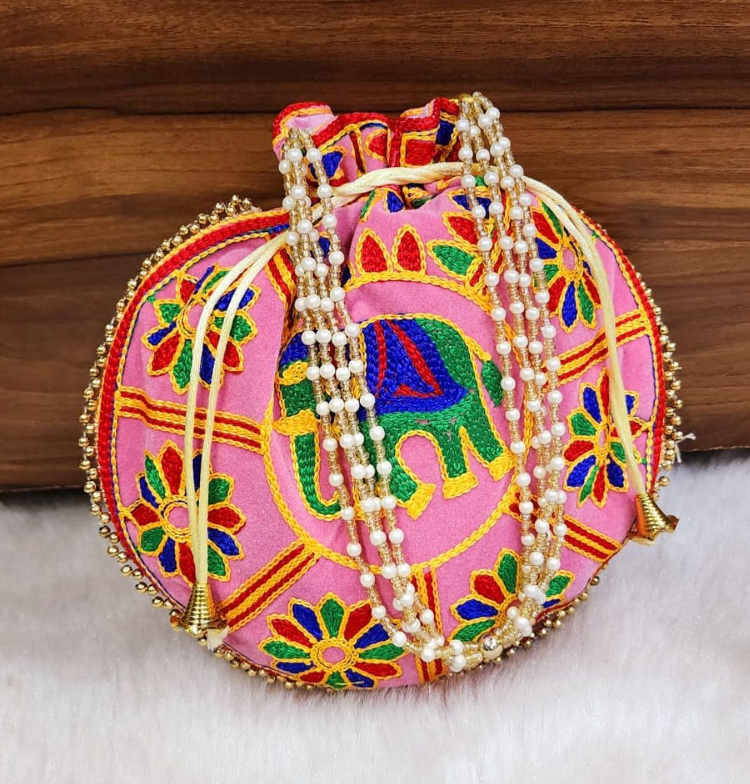 Designer Mulitcolor Embroidery Silk Elephant Handcrafted Potli-81391
