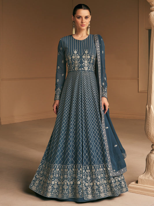 Embroidered Georgette Free Size Salwar Kameez in Light Blue Color-71023