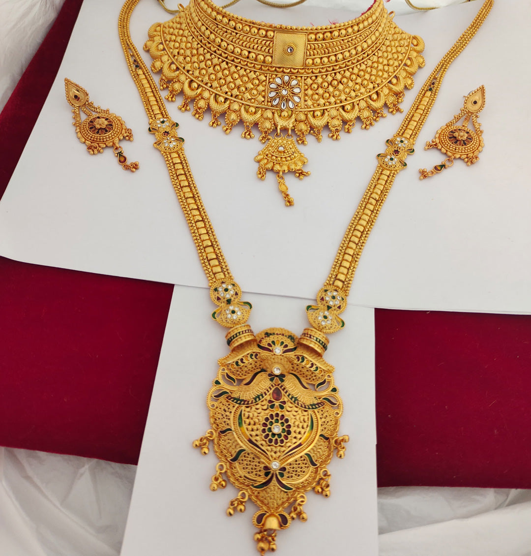 Traditional High Quality Gold Rajputi Necklace Set With Long Golden Rani Haar with Earing -301137