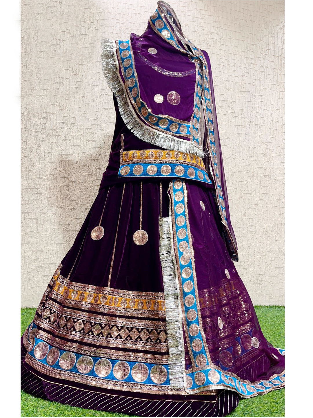 Velvet wedding Sangeet Sequence work Rajputi Poshak In Green Color-82015