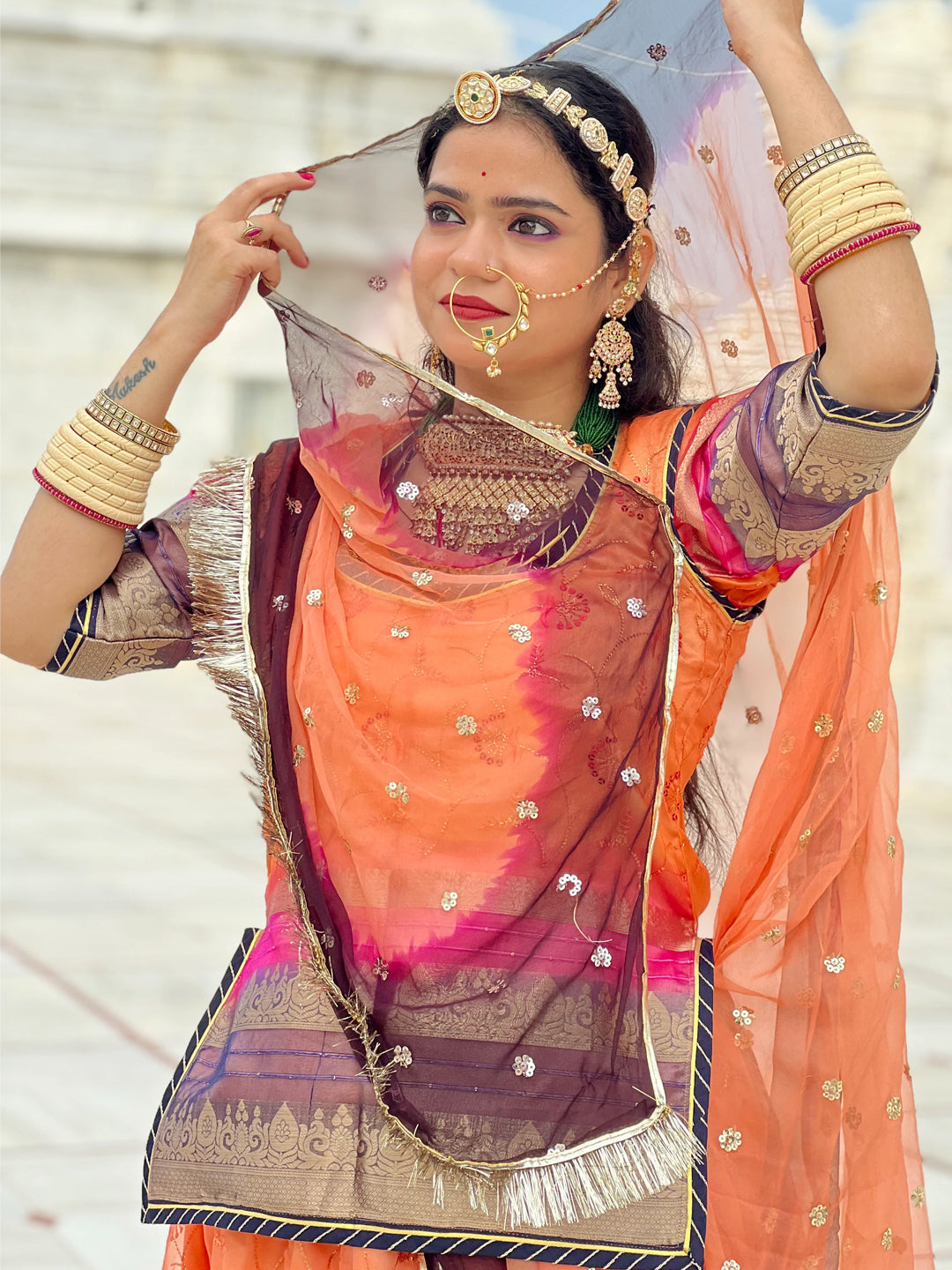 Organza Festive Banarsi Border Work Rajputi Poshak In Peach Color-81152