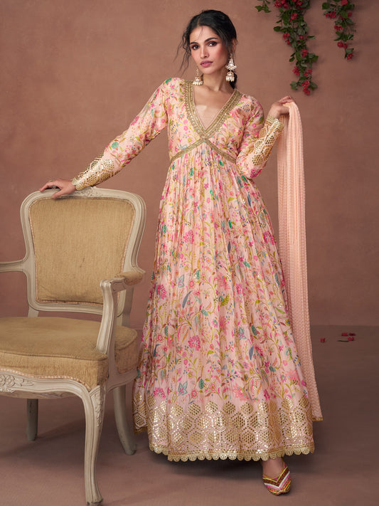 Sequence Pure Organza Silk Free Size Gown style Salwar Kameez in Pink-71041