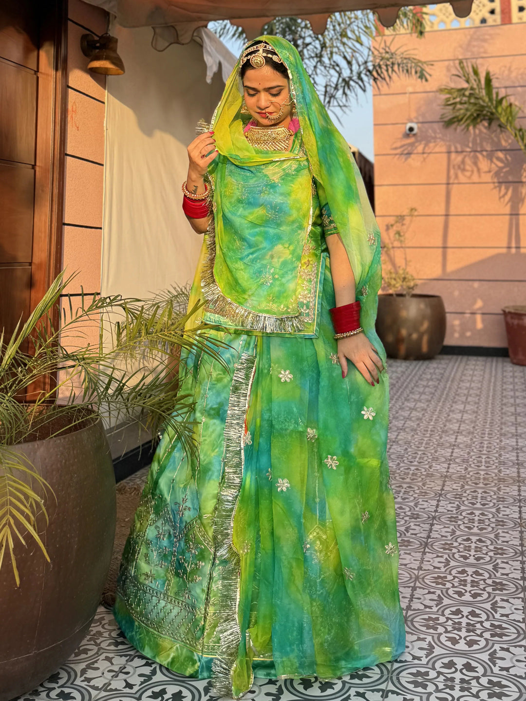 Organza Three-Tone with Codding Work Semi Stitch Rajputi Poshak In Green color-81149