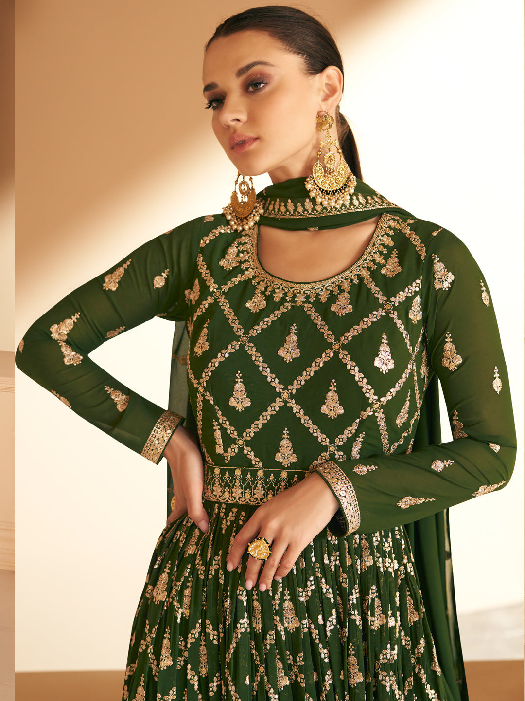 Embroidered Georgette Free Size Salwar Kameez in Green Color-71024