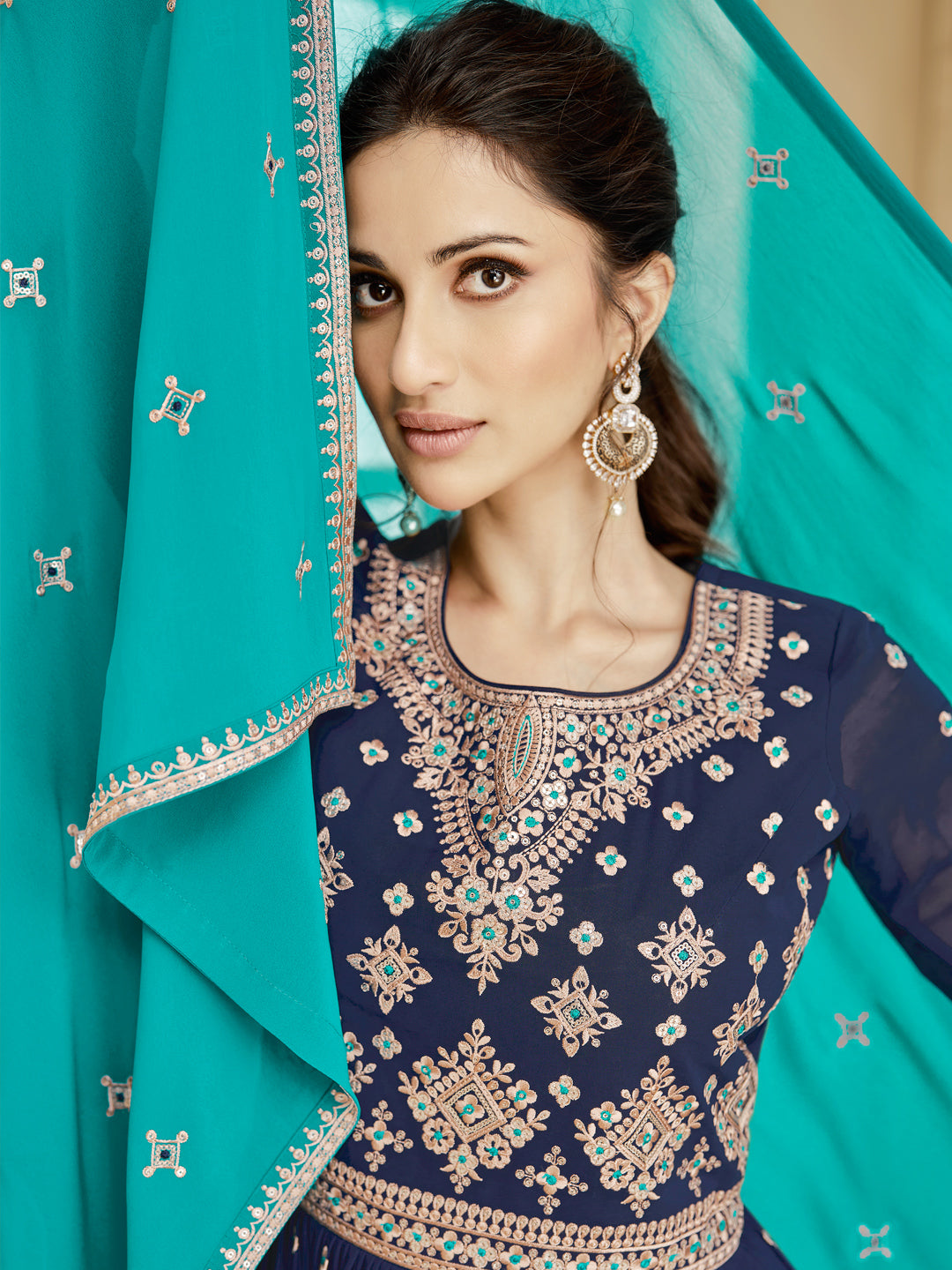 Embroidered Georgette Free Size Sharara style Salwar Kameez in Blue Color-71047