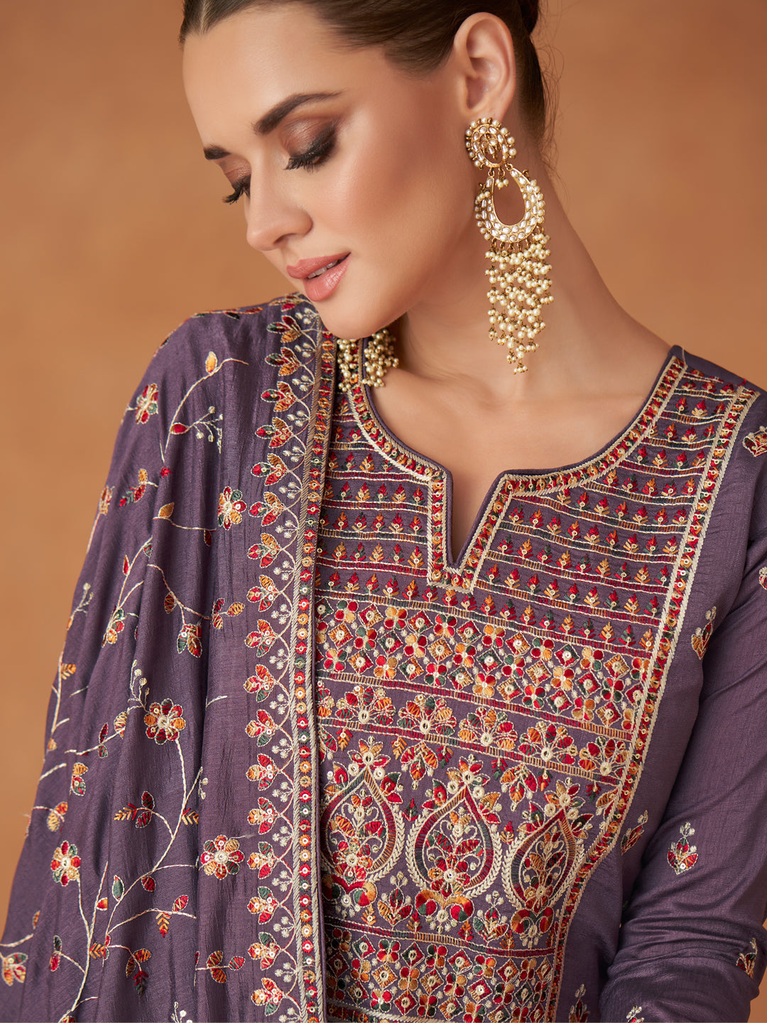 Embroidered Silk Free Size Stitched Flor length Salwar Kameez in Purple Color-81597