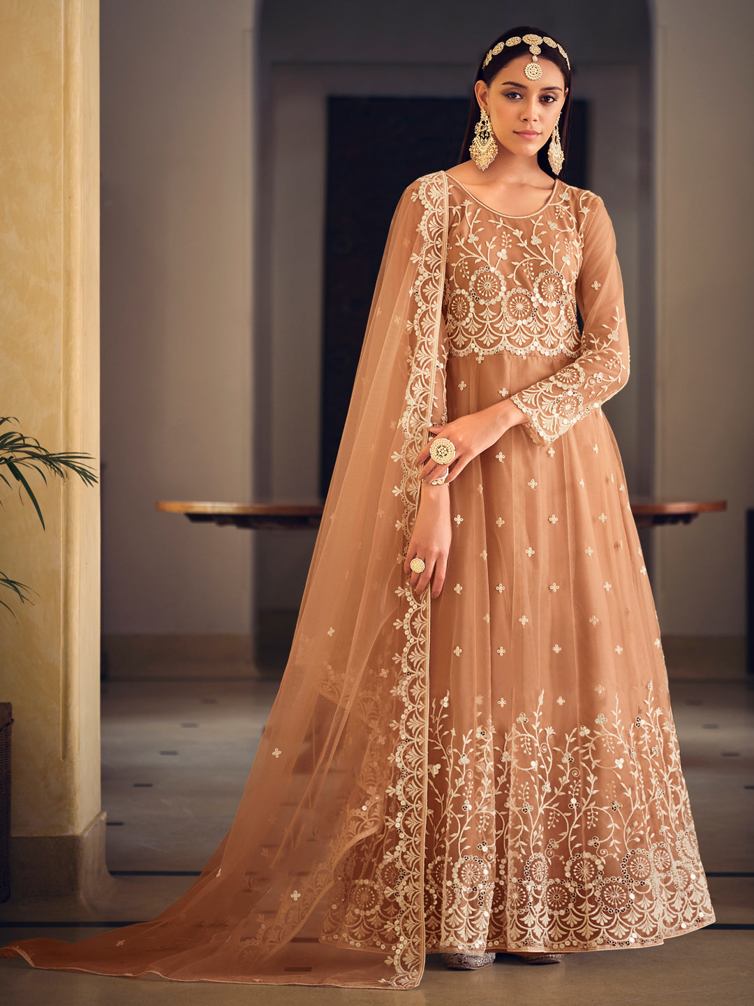Embroidered Net Bollywood Floor Length Semi Stitched Salwar Kameez in Beige-81345