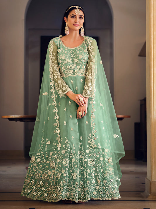 Embroidered Net Bollywood Floor Length Semi Stitched Salwar Kameez in Green Color-81346
