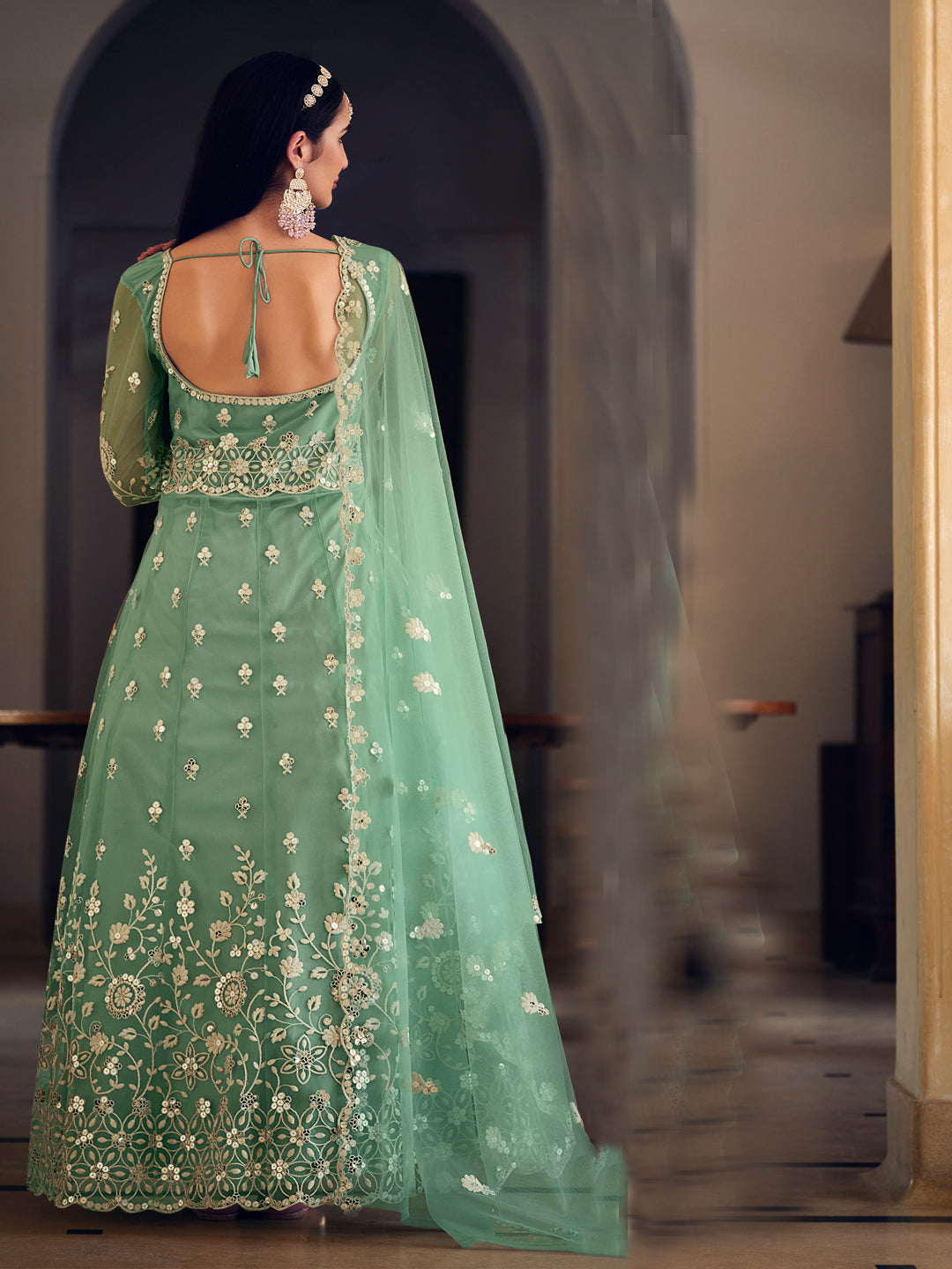 Embroidered Net Bollywood Floor Length Semi Stitched Salwar Kameez in Green Color-81346