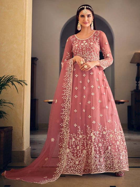 Embroidered Net Bollywood Floor Length Semi Stitched Salwar Kameez in Pink Color-81347