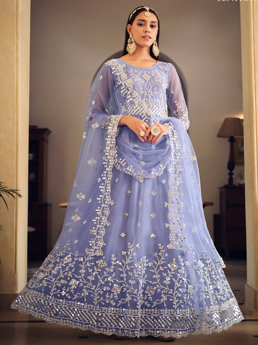 Embroidered Net Bollywood Floor Length Semi Stitched Salwar Kameez in Blue Color-81348
