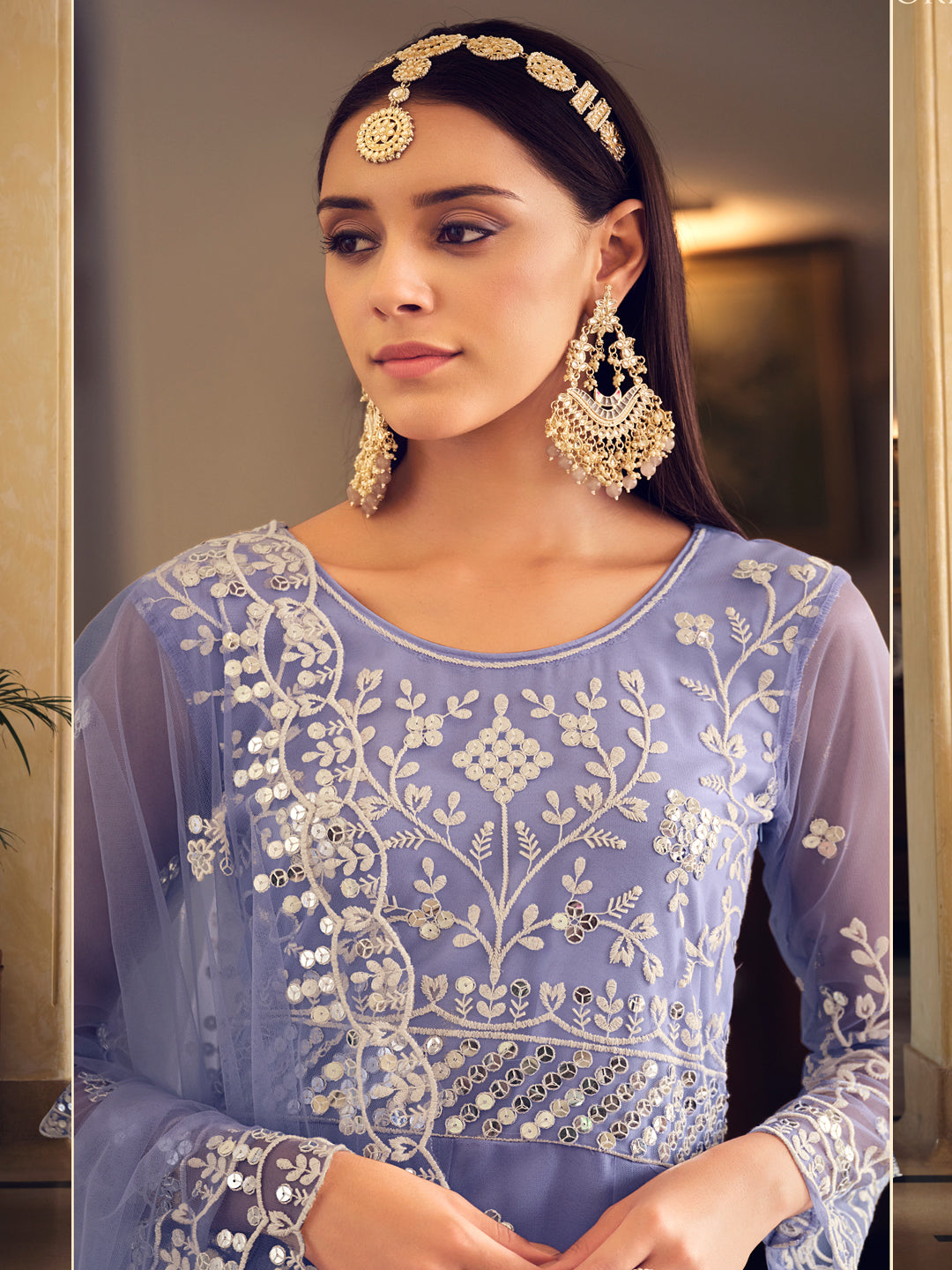 Embroidered Net Bollywood Floor Length Semi Stitched Salwar Kameez in Blue Color-81348