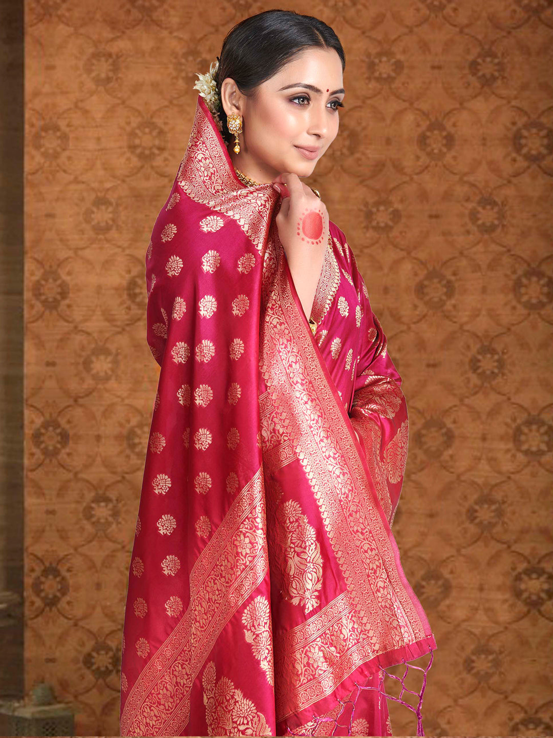 Weaving Lichi Bindi Silk Partywear Traditional Saree In Pink Color-81558