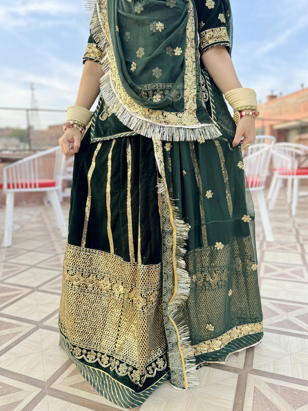 Velvet wedding Sangeet Sequence work Rajputi Poshak In Green Color