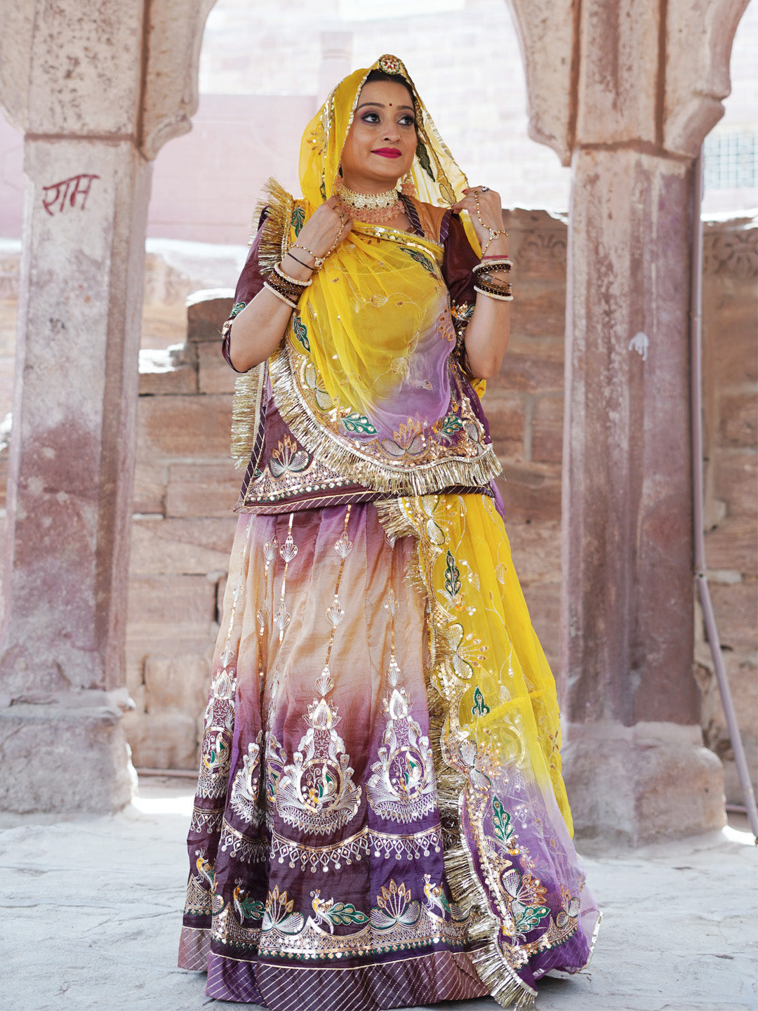 Heavy Gold Crush Shaded 16 Kali Premium quality Wedding Sangeet Rajputi Poshak-91430