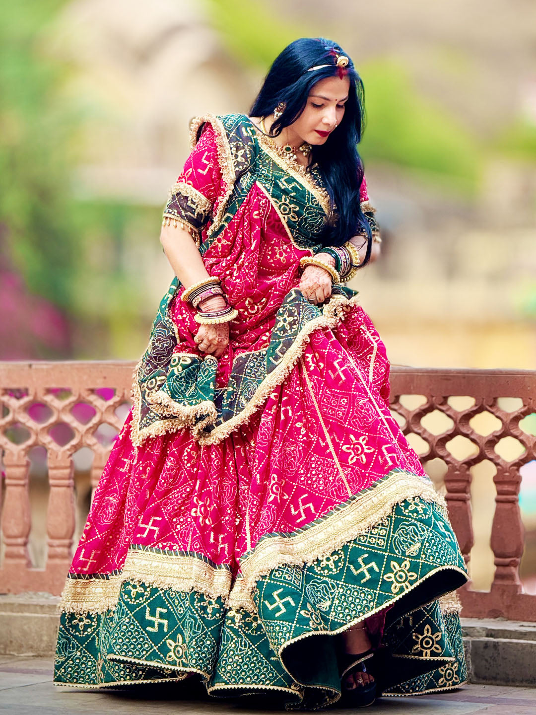 Designer Gorgette 13 meter full Gher Premium quality Stitched Rajasthani Lehenga Choli in red and Green color-91347