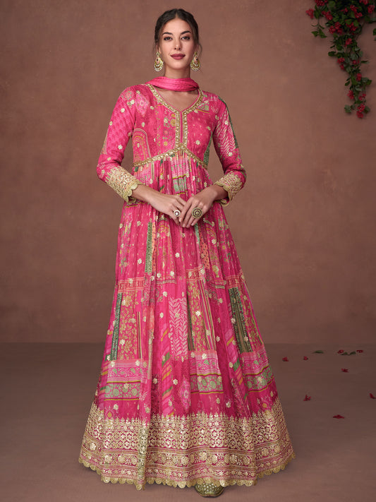 Sequence Pure Organza Silk Free Size Gown style Salwar Kameez in Pink-71040