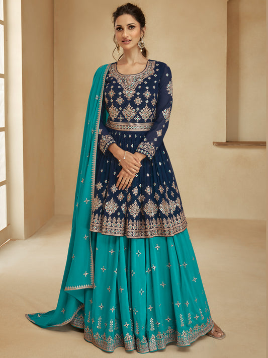 Embroidered Georgette Free Size Sharara style Salwar Kameez in Blue Color-71047