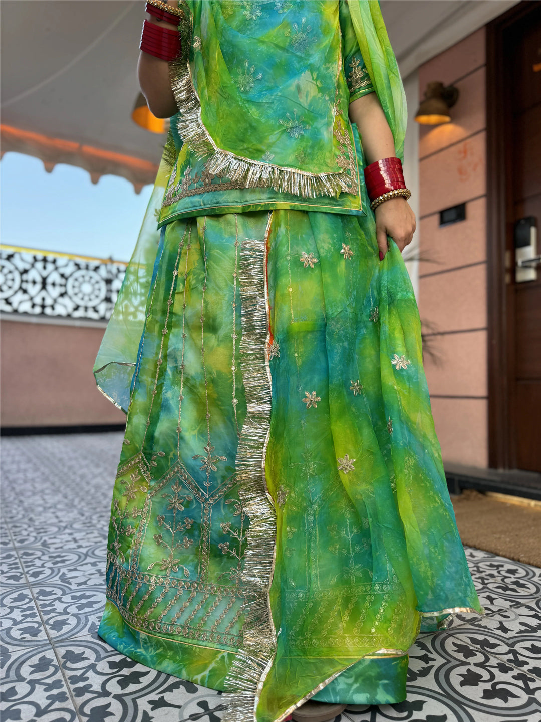 Organza Three-Tone with Codding Work Semi Stitch Rajputi Poshak In Green color-81149