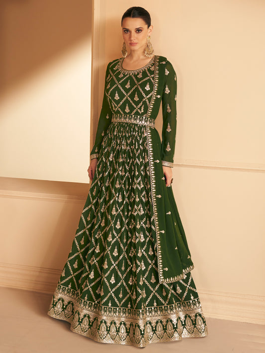 Embroidered Georgette Free Size Salwar Kameez in Green Color-71024