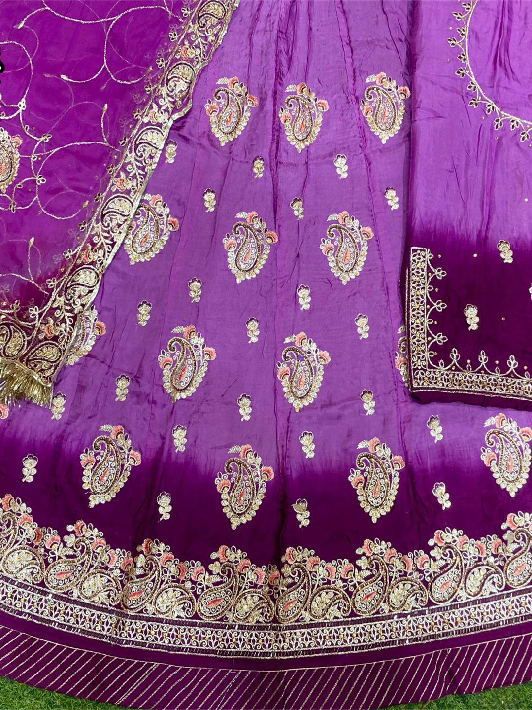 Hand Crystal Upada Silk Traditional Double Shaded Wedding Rajputi Poshak In Purple Color-81944