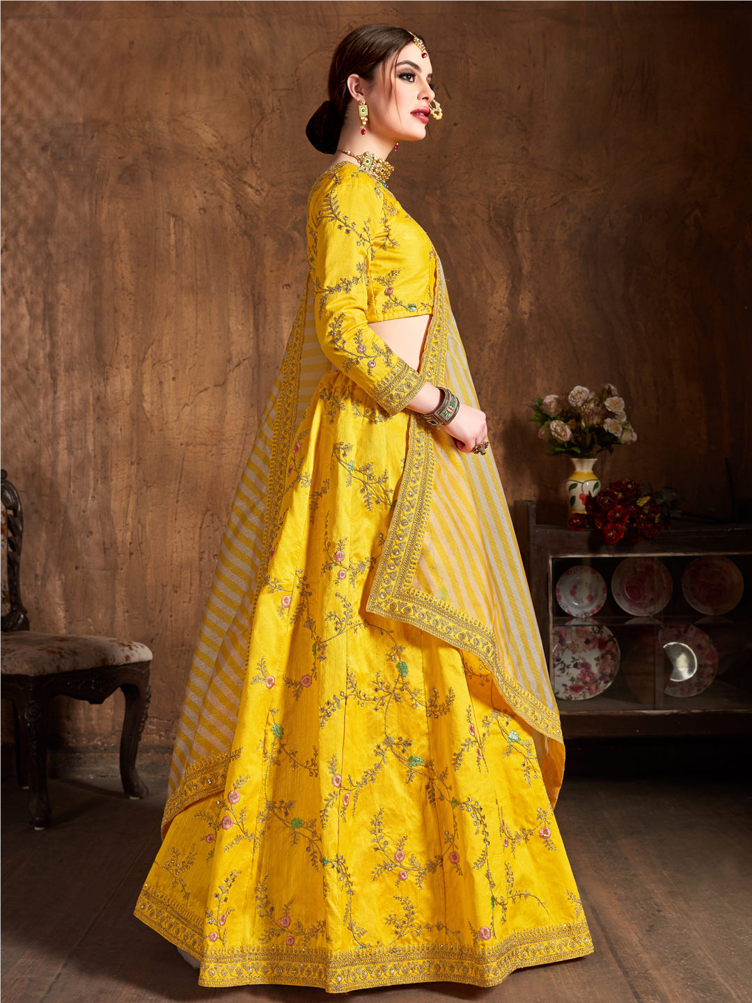 Mulberry Silk Engagement Sangeet Lehenga with Embroidered work in Yellow color-82109