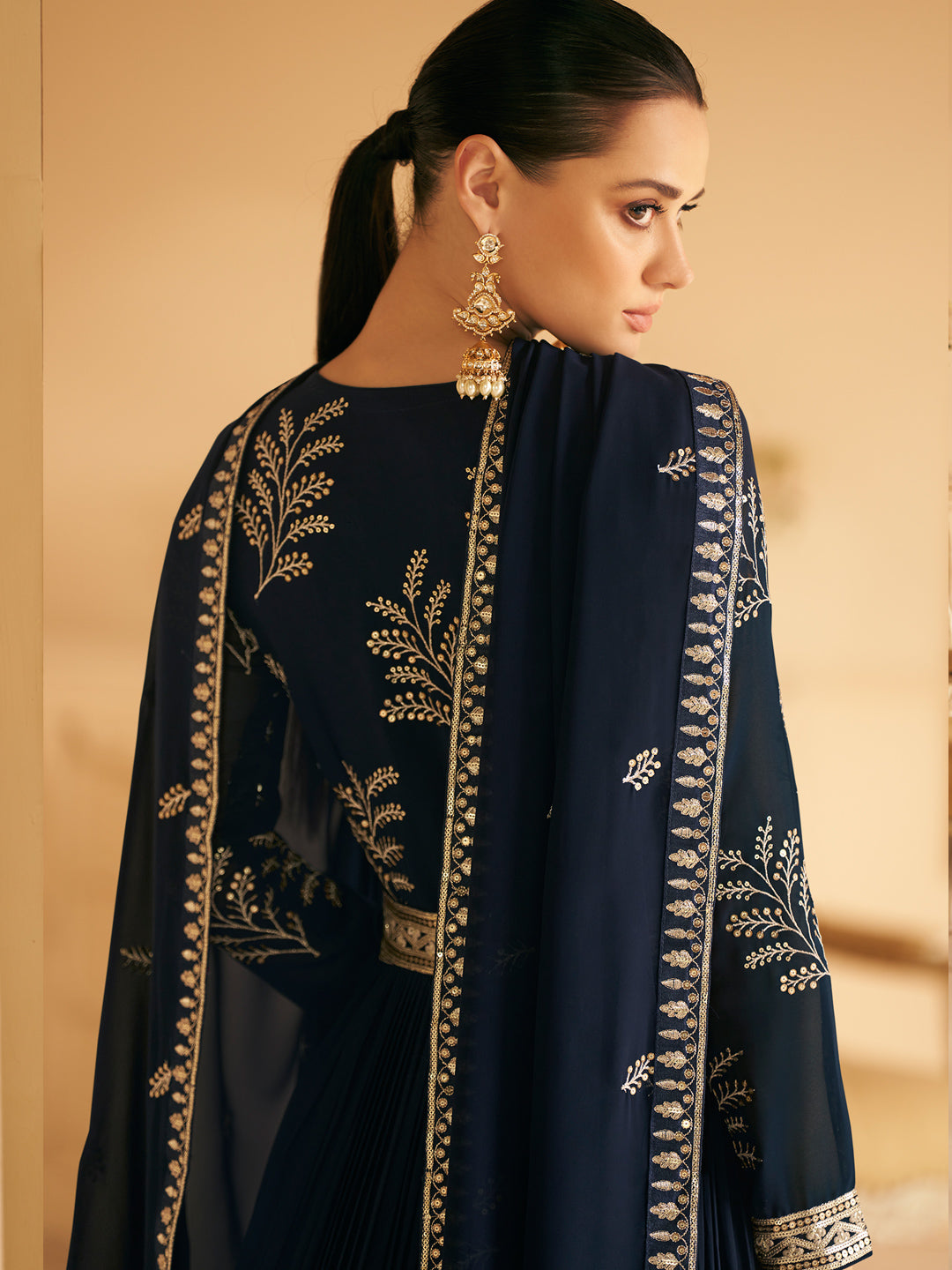 Embroidered Georgette Free Size Salwar Kameez in Navy Blue Color-71025