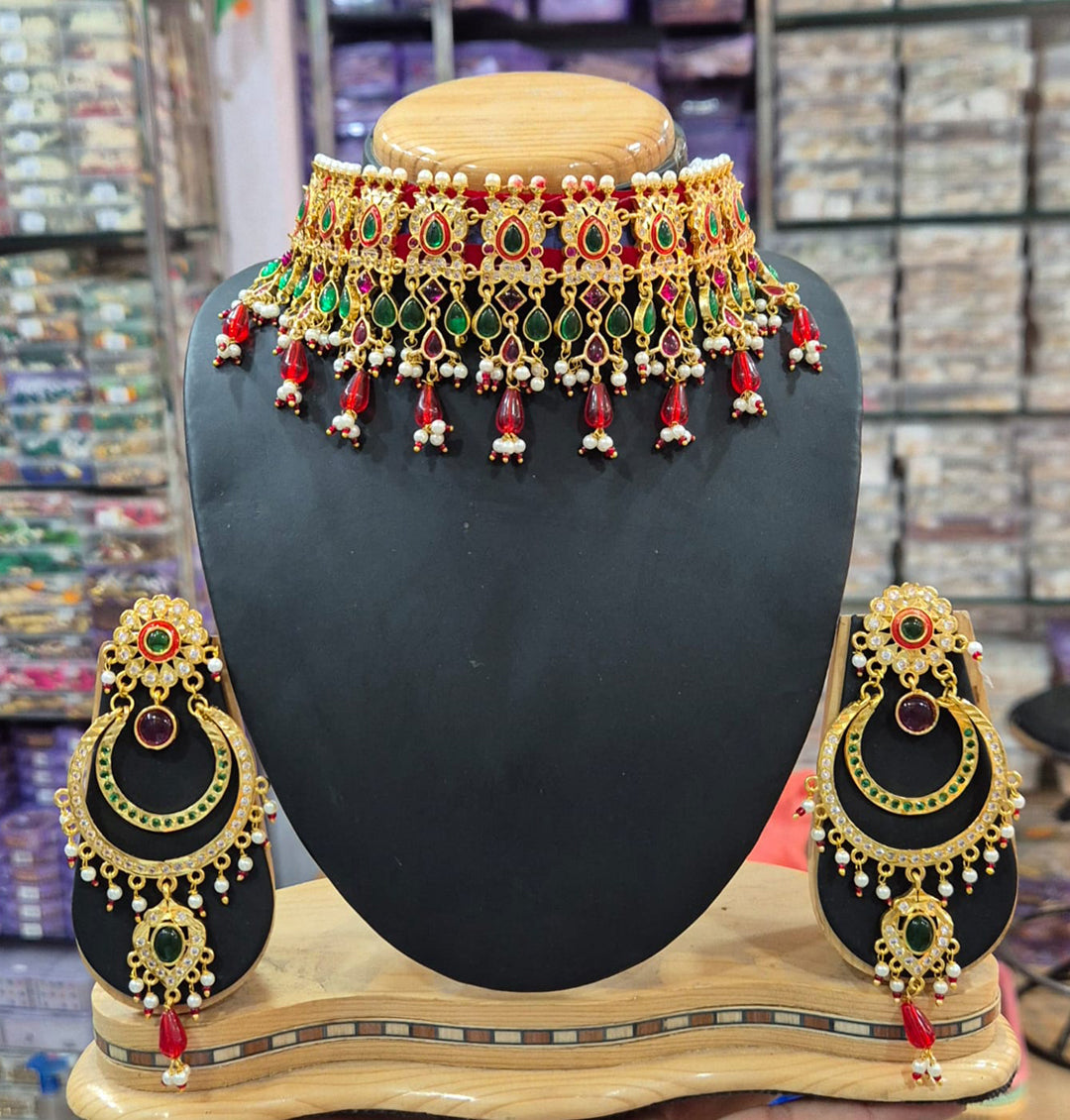 Macro Polish Kundan light weight Rajputi Neclace Set-91217