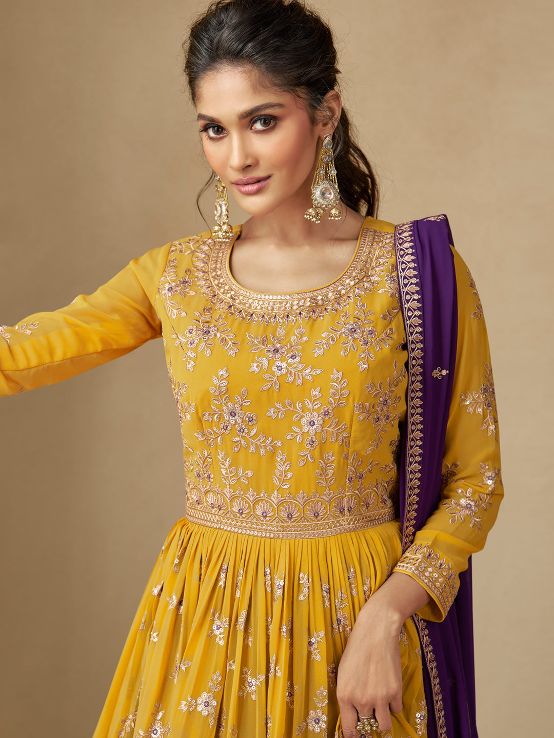 Embroidered Georgette Free Size Sharara style Salwar Kameez in Yellow Color-71048