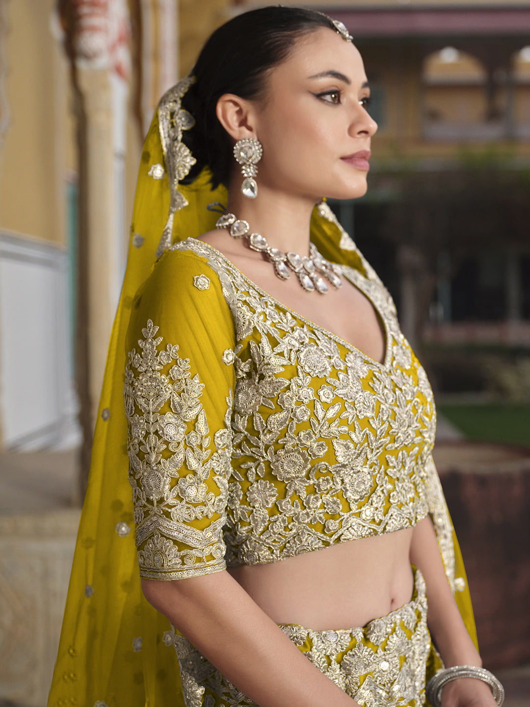 Pure Butterfly Net Semi-Stitched Lehenga Choli In Yellow color-91073