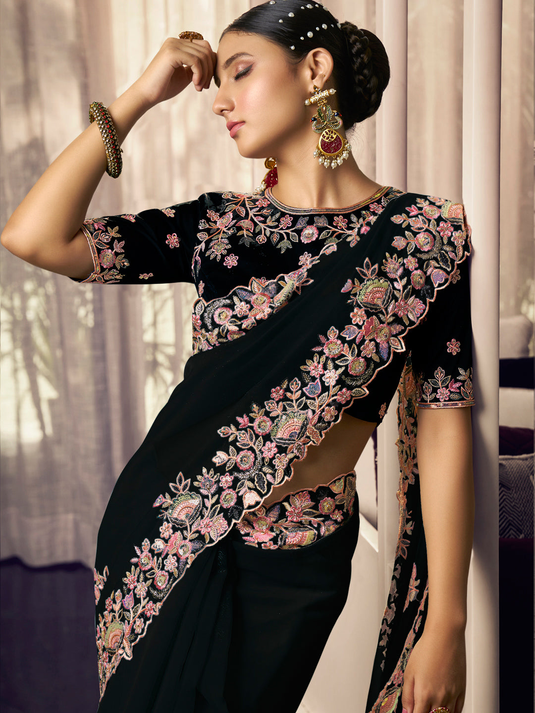 Embroidered Itailan Silk Bridal Traditional Saree In Black Color-81721