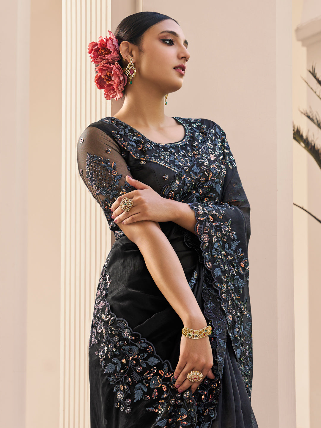 Embroidered Satin Bridal Traditional Saree In Black Color-81724