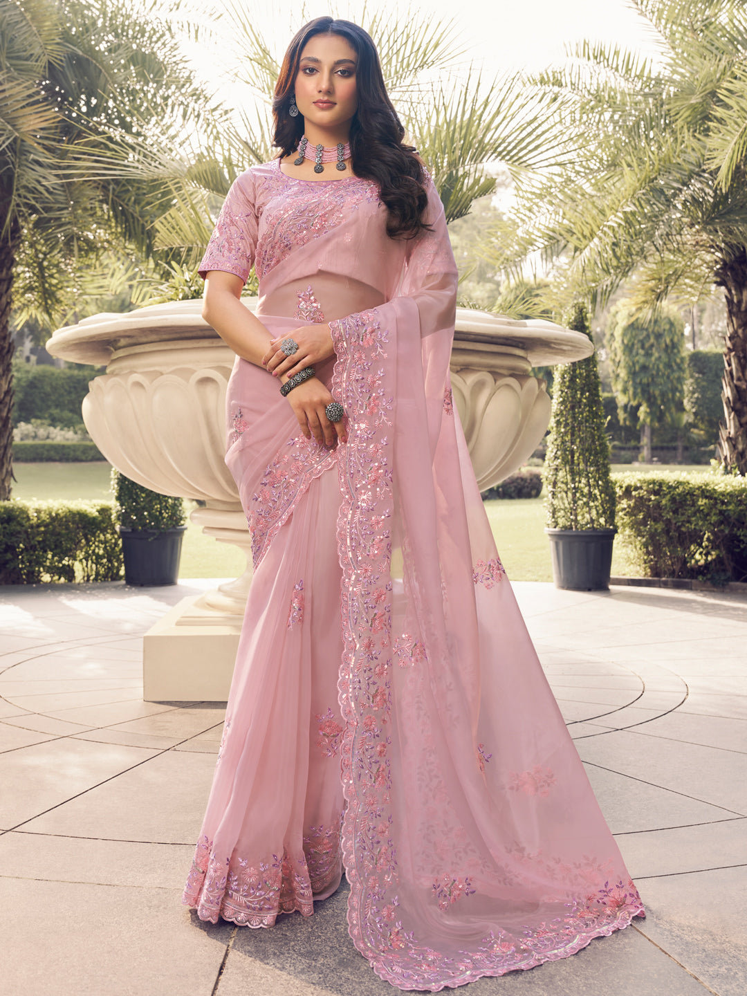 Embroidered Georgette Bridal Traditional Saree In Pink Color-81727