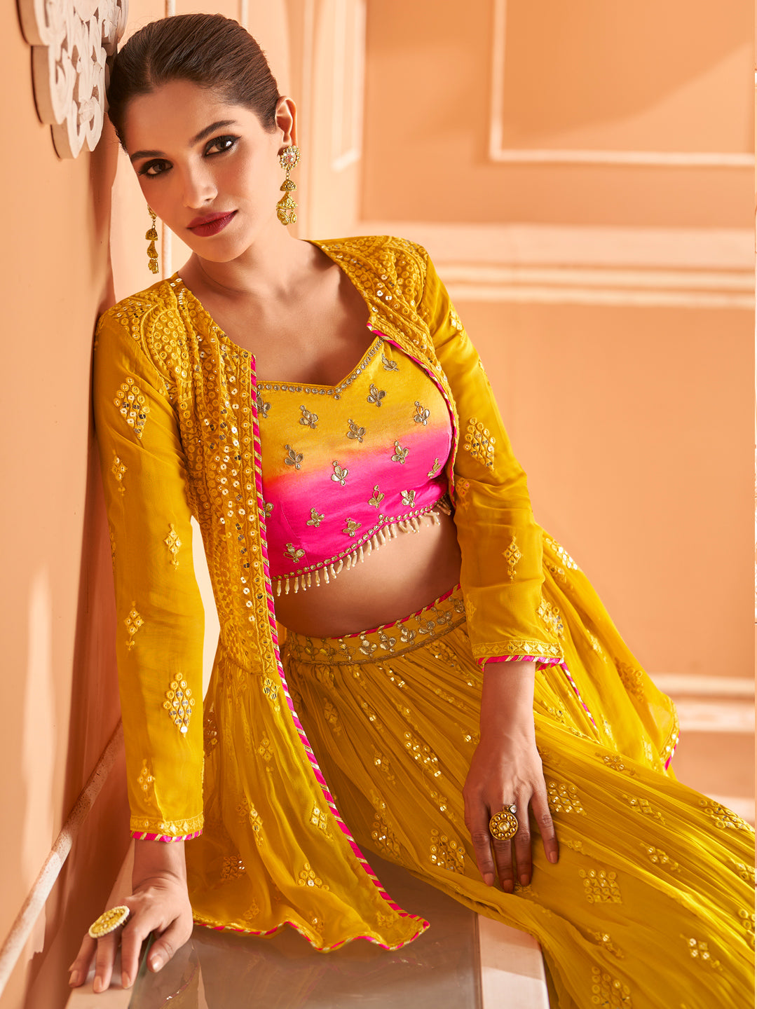 Embroidered Georgette Chinon Silk Sangeet Mehedi Lehenga in Yellow Color-81530