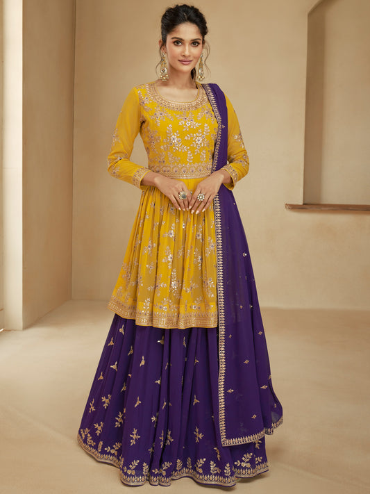 Embroidered Georgette Free Size Sharara style Salwar Kameez in Yellow Color-71048