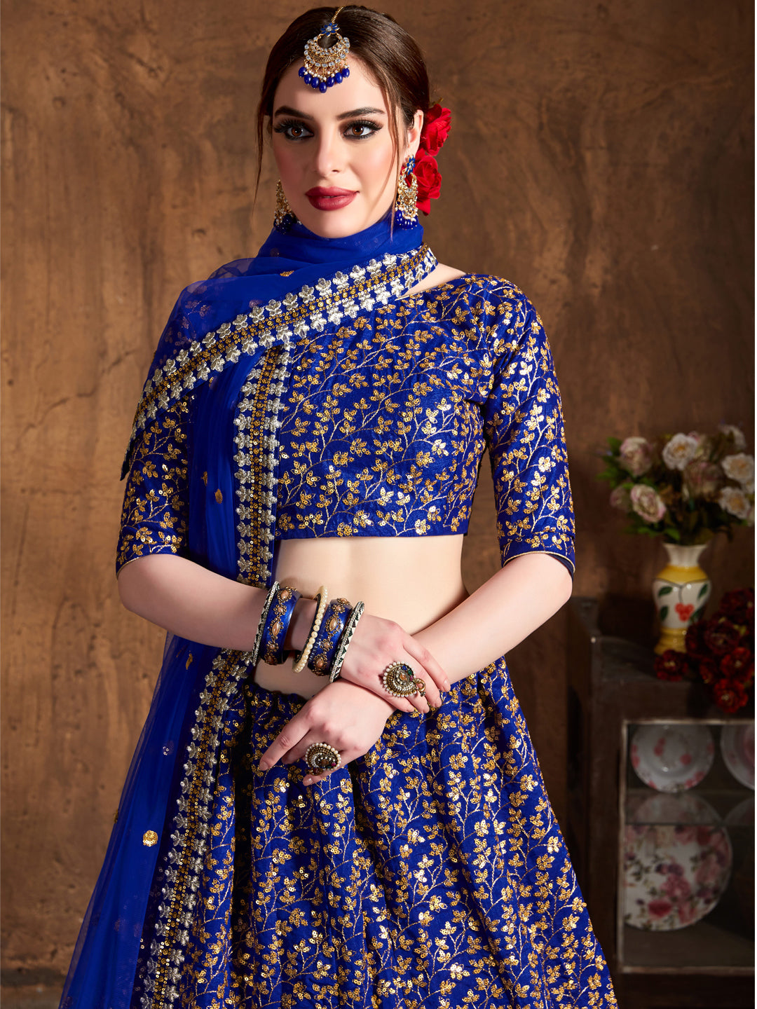 Raw Silk Engagement Sangeet Lehenga with Embroidered work in Blue color-82103