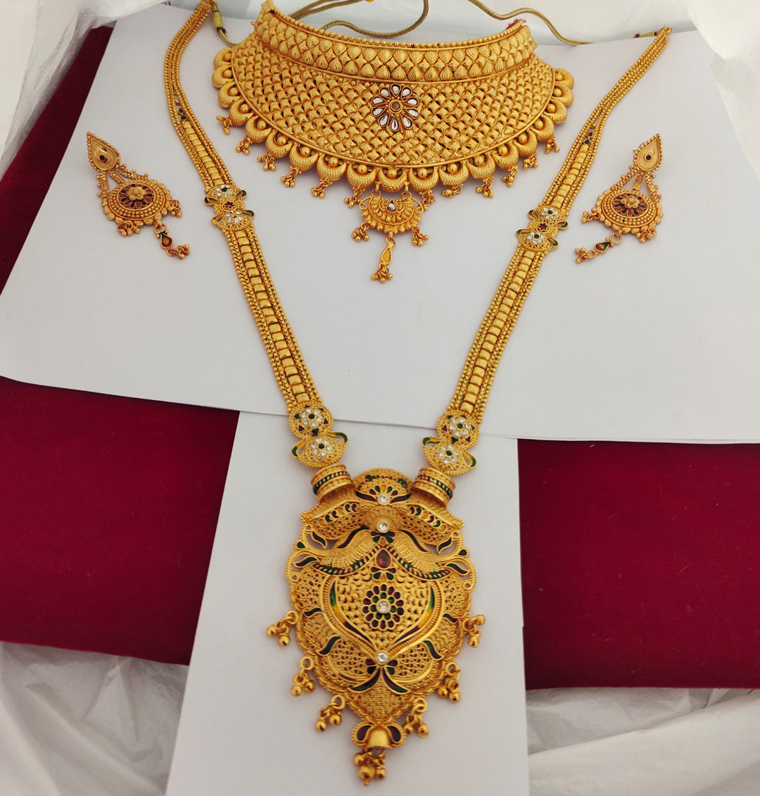 Traditional High Quality Gold Rajputi Necklace Set With Long Golden Rani Haar with Earing -301135