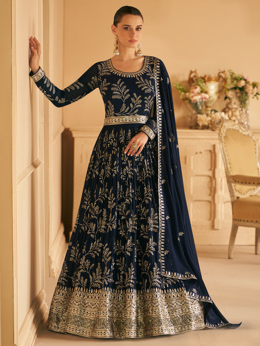 Embroidered Georgette Free Size Salwar Kameez in Navy Blue Color-71025