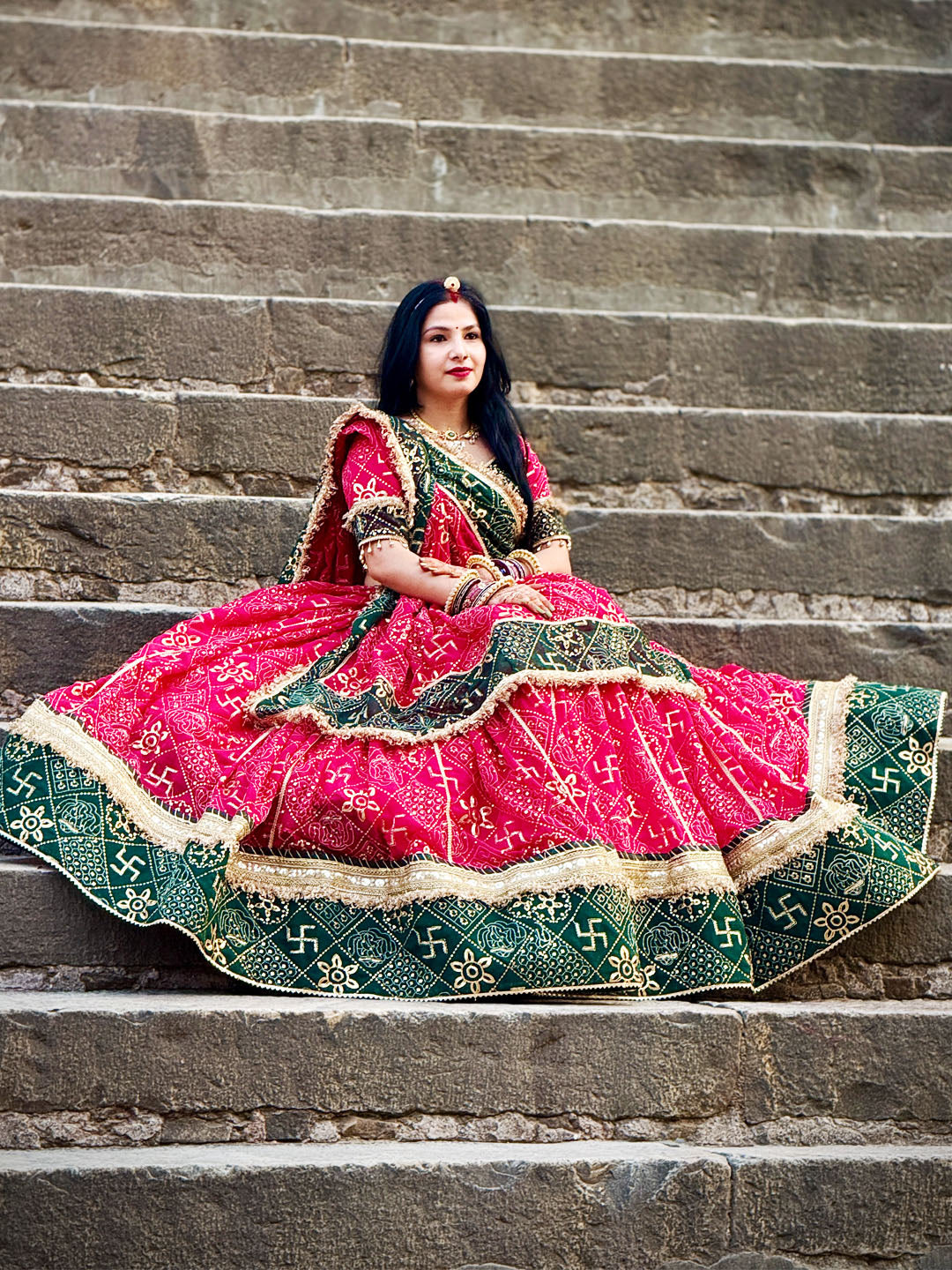 Designer Gorgette 13 meter full Gher Premium quality Stitched Rajasthani Lehenga Choli in red and Green color-91347