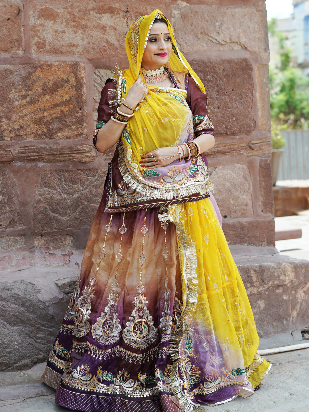 Heavy Gold Crush Shaded 16 Kali Premium quality Wedding Sangeet Rajputi Poshak-91430
