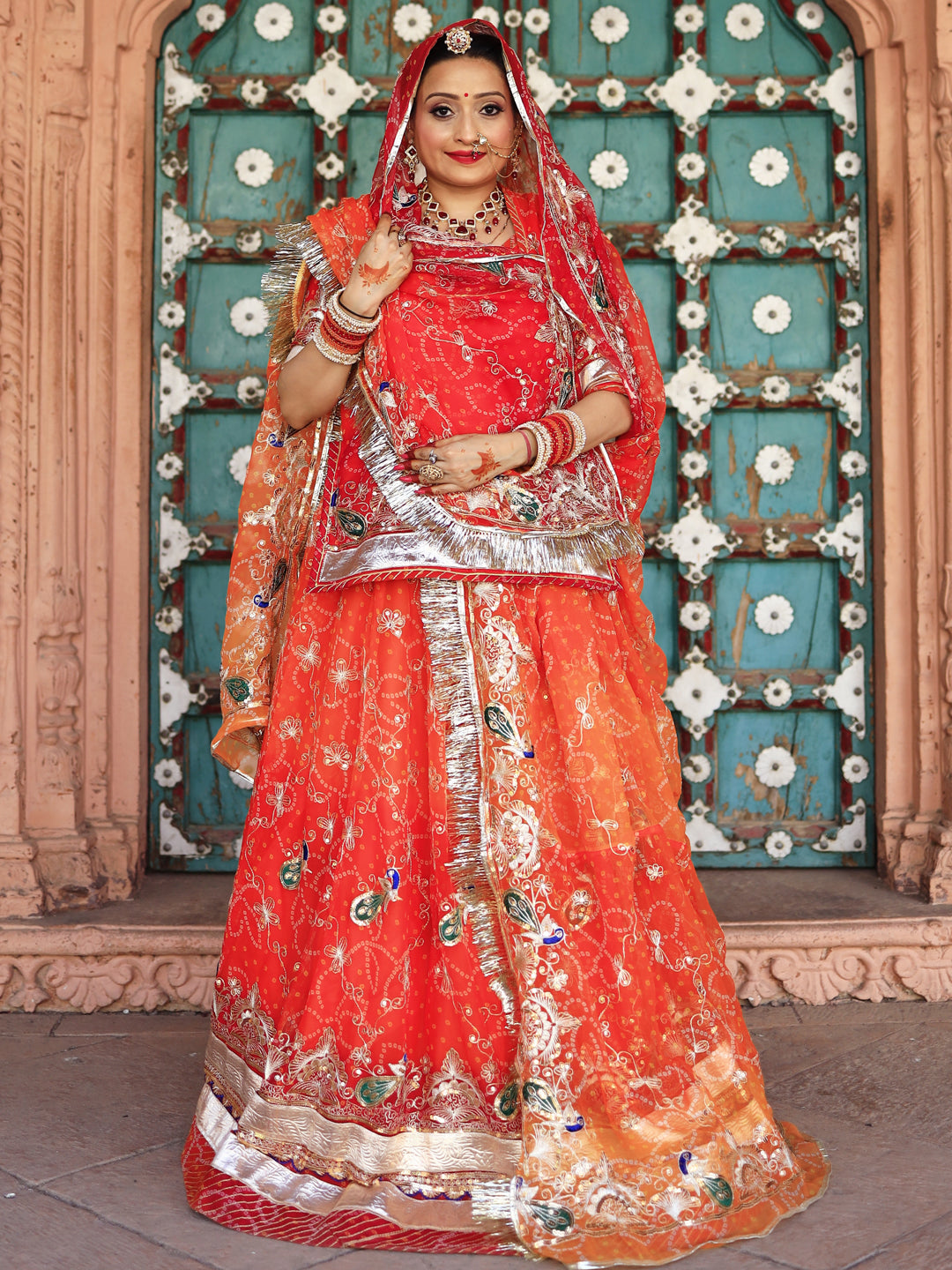 Bandhani Royal Pure 4 mtr full Gher Rajputi Poshak In Orange Color-91308