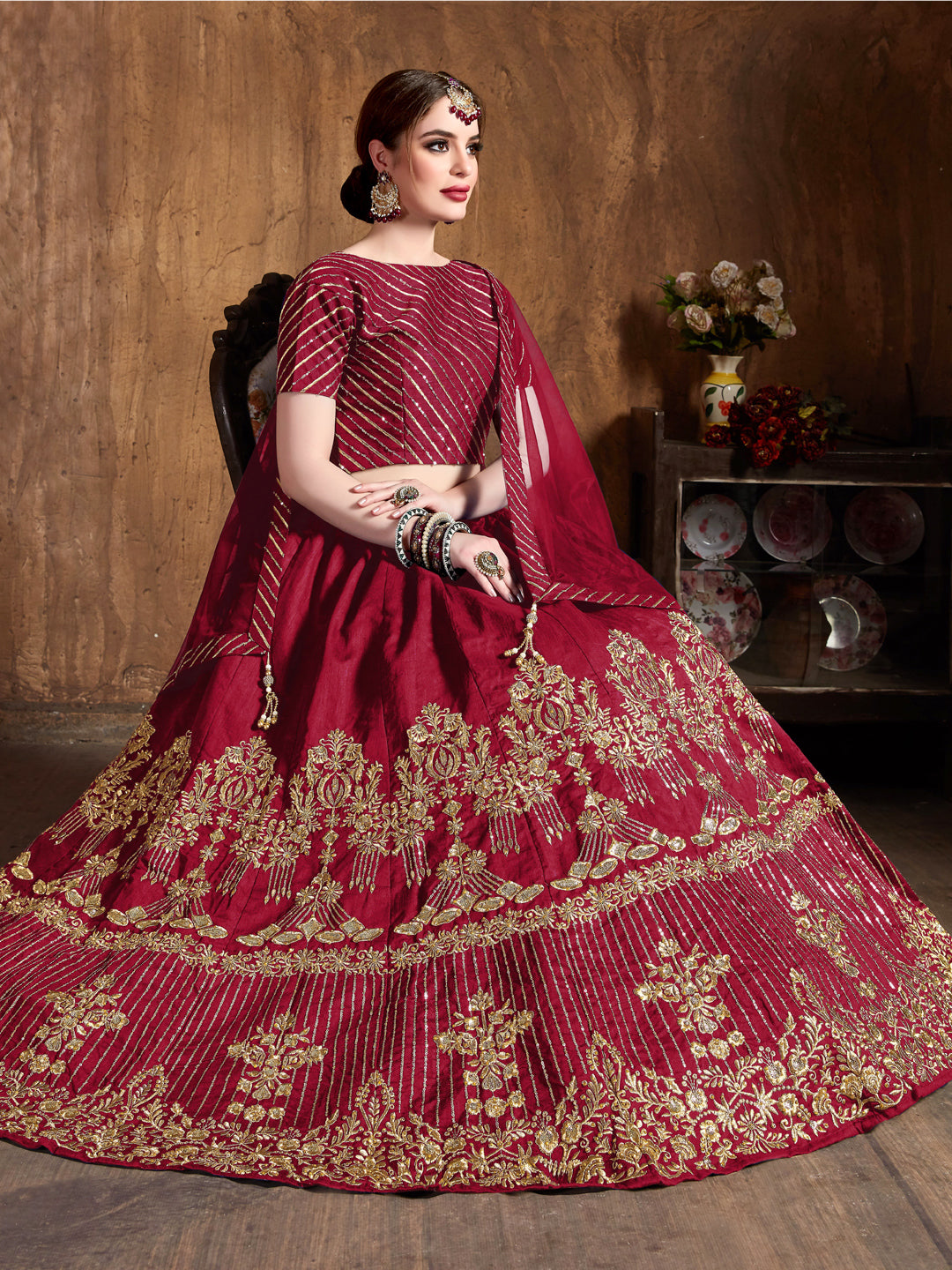 Art Silk Engagement Sangeet Lehenga with Embroidered work in Red color-82111